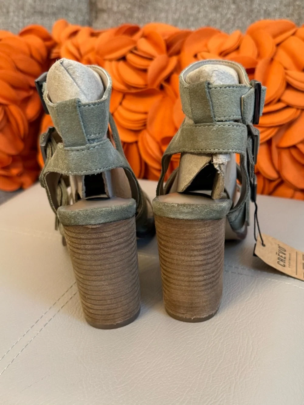 NWT Crevo Macer Sage Green Leather Buckle Heeled Sandals